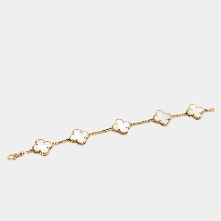 Pre Owned Van Cleef & Arpels Vintage Alhambra Mother of Pearl 18k Yellow Gold 5 Motif Station Bracelet