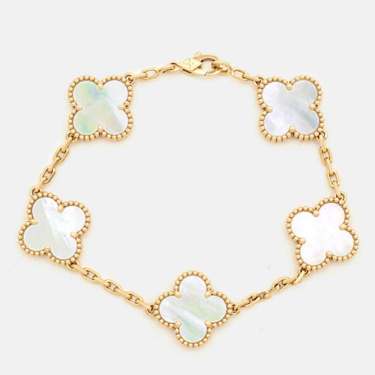 Pre Owned Van Cleef & Arpels Vintage Alhambra Mother of Pearl 18k Yellow Gold 5 Motif Station Bracelet