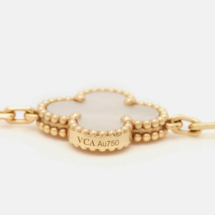 Pre Owned Van Cleef & Arpels Vintage Alhambra Mother of Pearl 18k Yellow Gold 5 Motif Station Bracelet