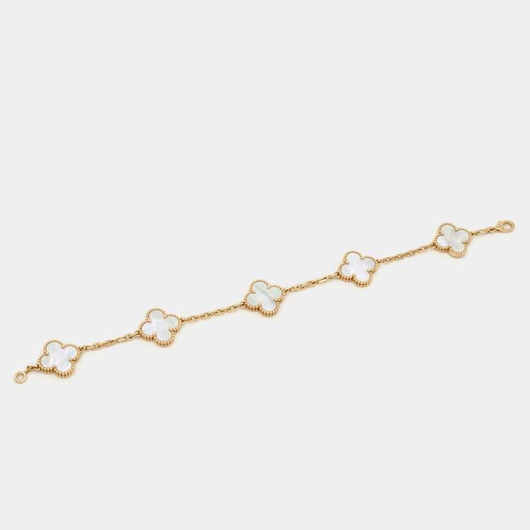 Pre Owned Van Cleef & Arpels Vintage Alhambra Mother of Pearl 18k Yellow Gold 5 Motif Station Bracelet