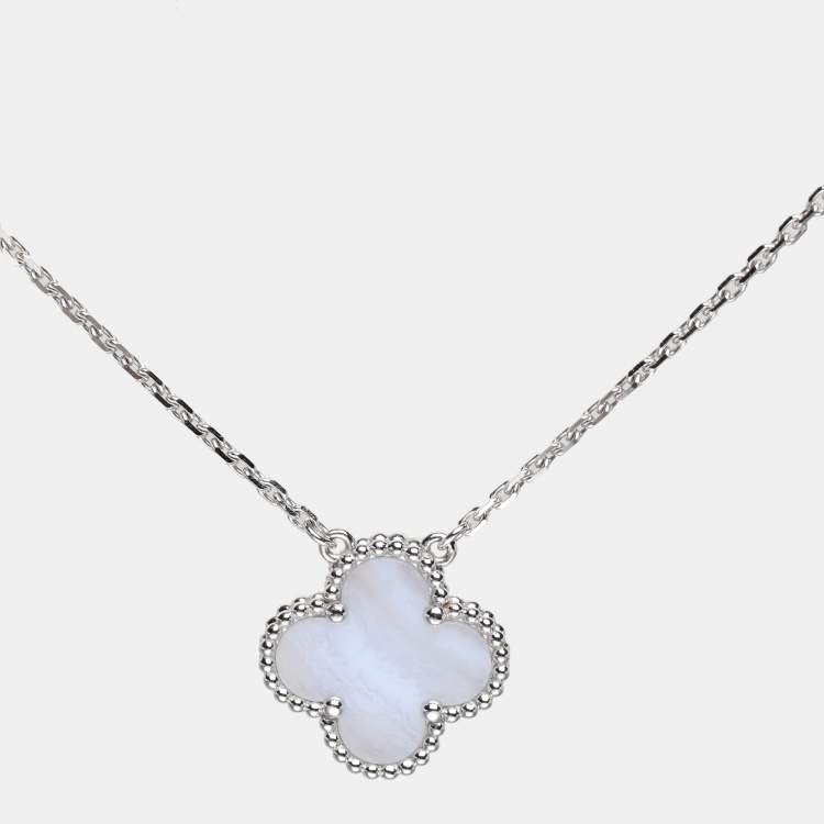 Pre Owned Van Cleef & Arpels Vintage Alhambra Chalcedony 18k White Gold Pendant Necklace