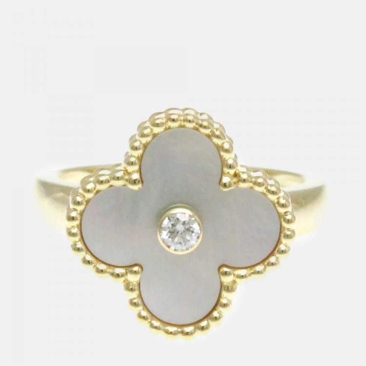 Pre Owned Van Cleef & Arpels  18K Yellow Gold Diamond Mother of Pearl Vintage Alhambra Ring EU 51