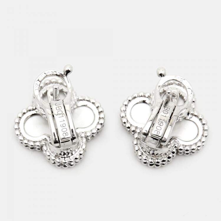 Pre Owned Van Cleef & Arpels Vintage Alhambra Mother of Pearl 18k White Gold Earrings