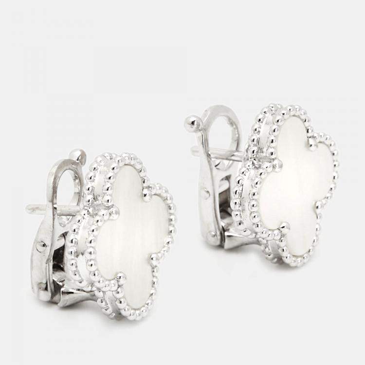 Pre Owned Van Cleef & Arpels Vintage Alhambra Mother of Pearl 18k White Gold Earrings