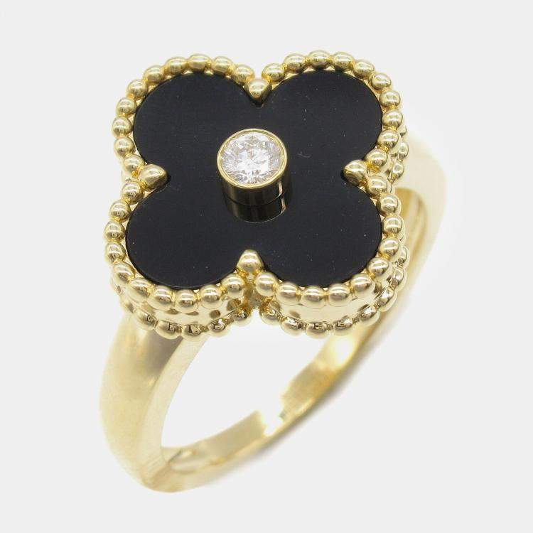 Pre Owned Van Cleef & Arpels Vintage Alhambra 18K Yellow Gold, Diamond, Onyx Ring EU 50.5