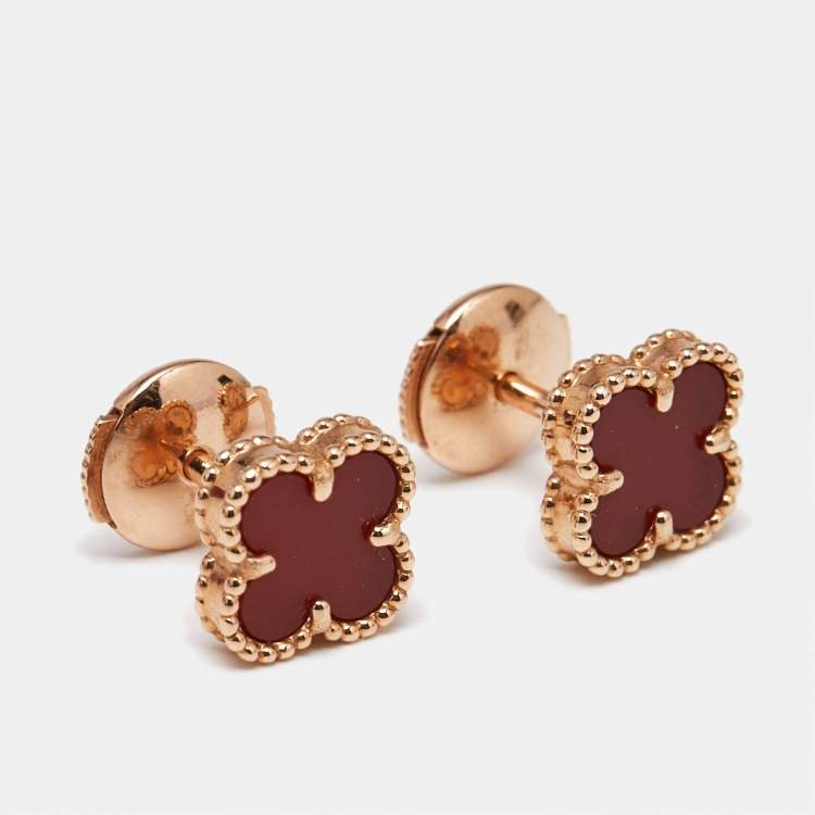 Pre Owned Van Cleef & Arpels Sweet Alhambra Carnelian 18k Rose Gold Stud Earrings