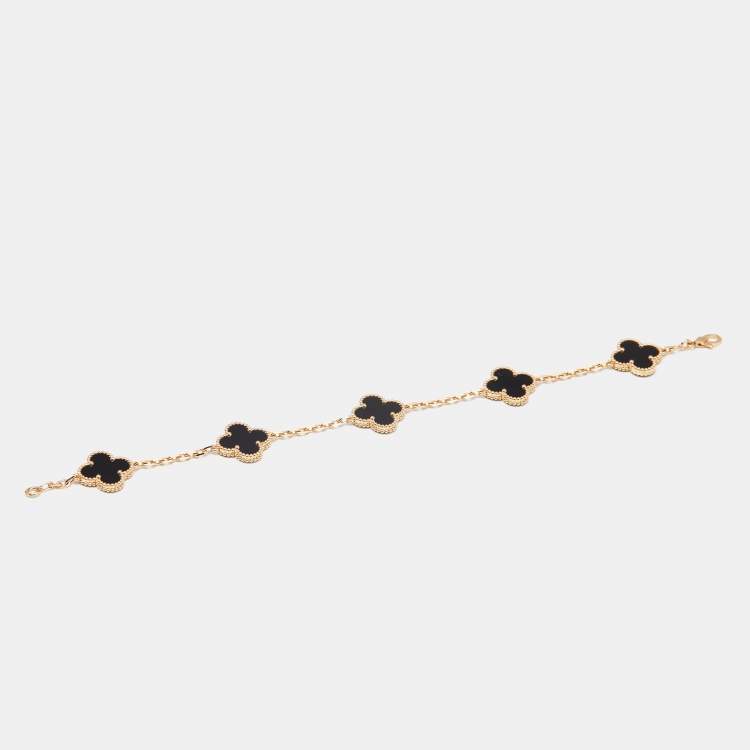 Pre Owned Van Cleef & Arpels Vintage Alhambra Onyx 18k Yellow Gold 5 Motif Station Bracelet