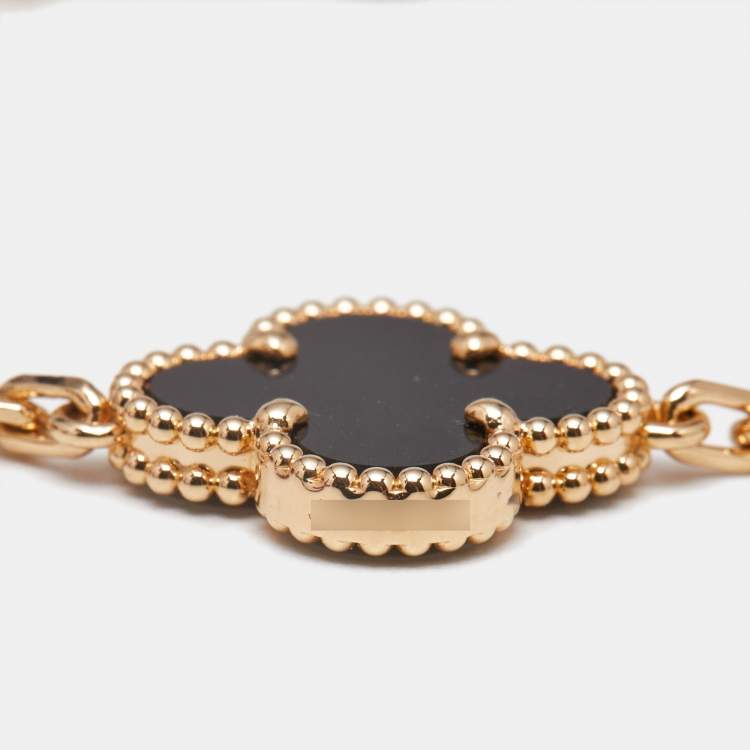 Pre Owned Van Cleef & Arpels Vintage Alhambra Onyx 18k Yellow Gold 5 Motif Station Bracelet