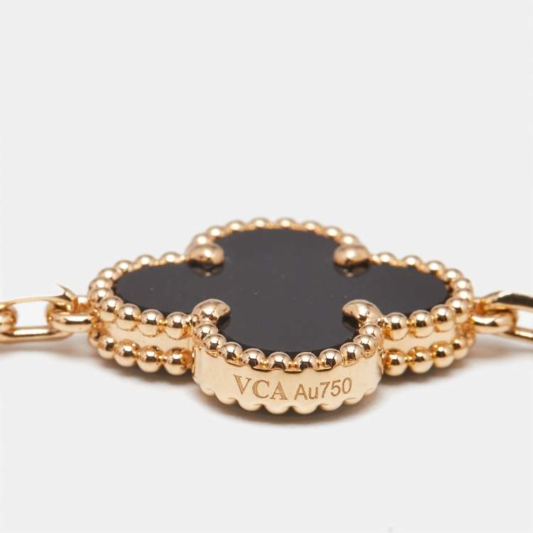 Pre Owned Van Cleef & Arpels Vintage Alhambra Onyx 18k Yellow Gold 5 Motif Station Bracelet