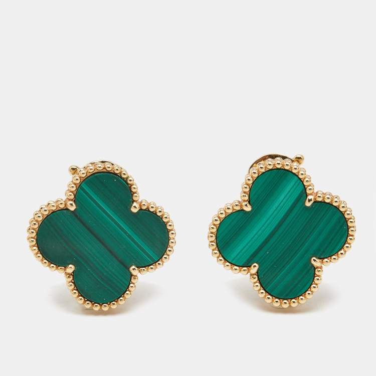 Pre Owned Van Cleef & Arpels Magic Alhambra Malachite 18k Yellow Gold Earrings