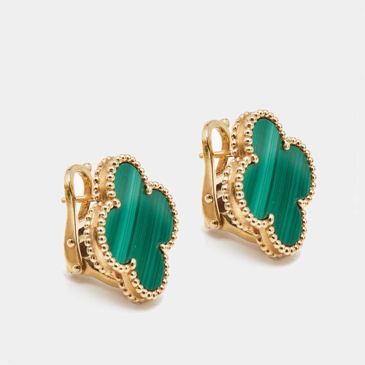 Pre Owned Van Cleef & Arpels Magic Alhambra Malachite 18k Yellow Gold Earrings