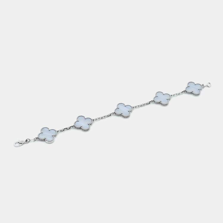 Pre Owned Van Cleef & Arpels Vintage Alhambra Chalcedony 18K White Gold 5 Motif Station Bracelet