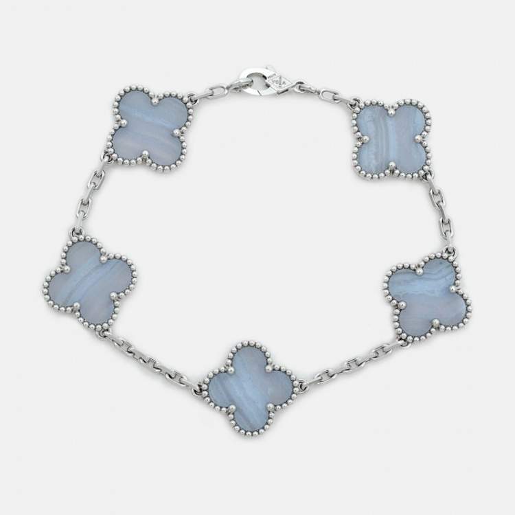 Pre Owned Van Cleef & Arpels Vintage Alhambra Chalcedony 18K White Gold 5 Motif Station Bracelet
