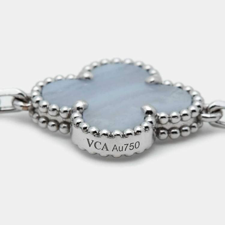 Pre Owned Van Cleef & Arpels Vintage Alhambra Chalcedony 18K White Gold 5 Motif Station Bracelet
