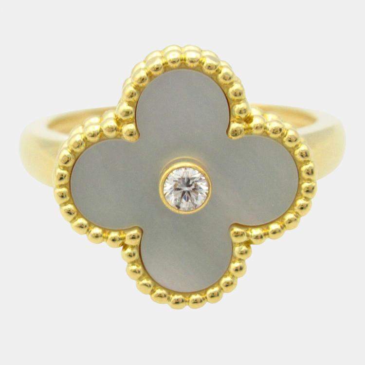 Pre Owned Van Cleef & Arpels Vintage Alhambra Yellow Gold, Diamond, Mother of Pearl Ring EU 54