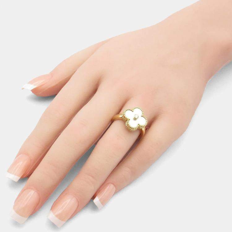 Pre Owned Van Cleef & Arpels Vintage Alhambra Yellow Gold, Diamond, Mother of Pearl Ring EU 54