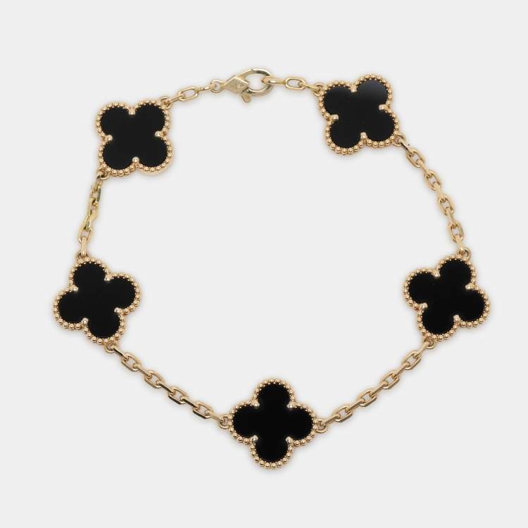 Pre Owned Van Cleef & Arpels Vintage Alhambra Onyx 5 Motif 18K Yellow Gold Bracelet