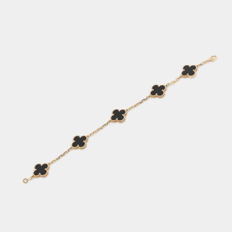Pre Owned Van Cleef & Arpels Vintage Alhambra Onyx 5 Motif 18K Yellow Gold Bracelet