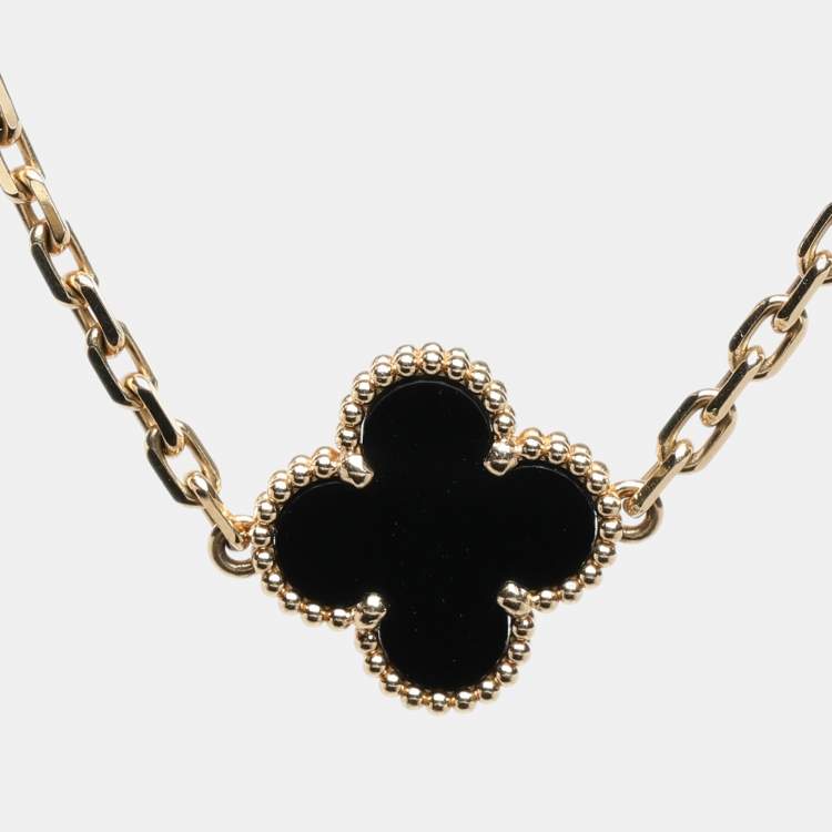 Pre Owned Van Cleef & Arpels Vintage Alhambra Onyx 5 Motif 18K Yellow Gold Bracelet