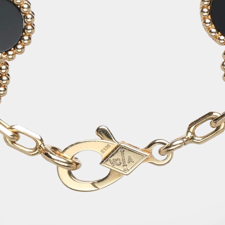 Pre Owned Van Cleef & Arpels Vintage Alhambra Onyx 5 Motif 18K Yellow Gold Bracelet