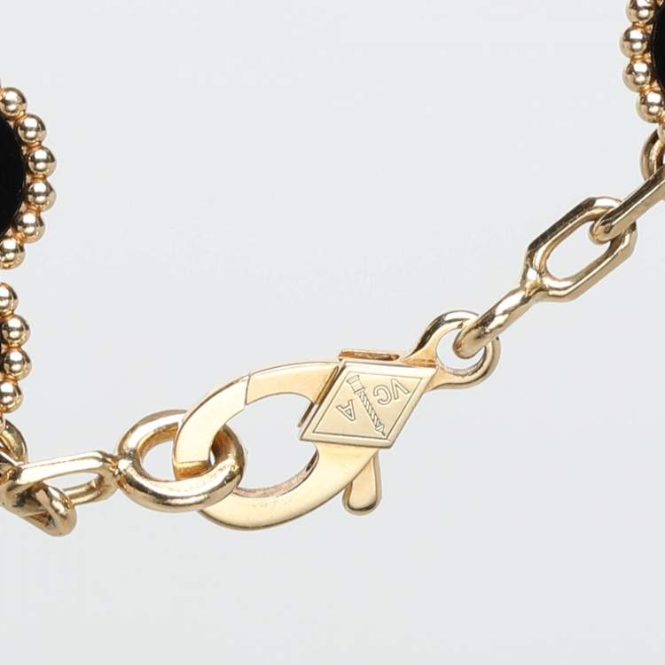 Pre Owned Van Cleef & Arpels Vintage Alhambra Onyx 5 Motif 18K Yellow Gold Bracelet