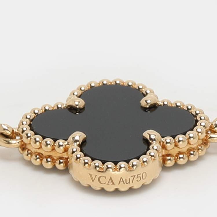 Pre Owned Van Cleef & Arpels Vintage Alhambra Onyx 5 Motif 18K Yellow Gold Bracelet