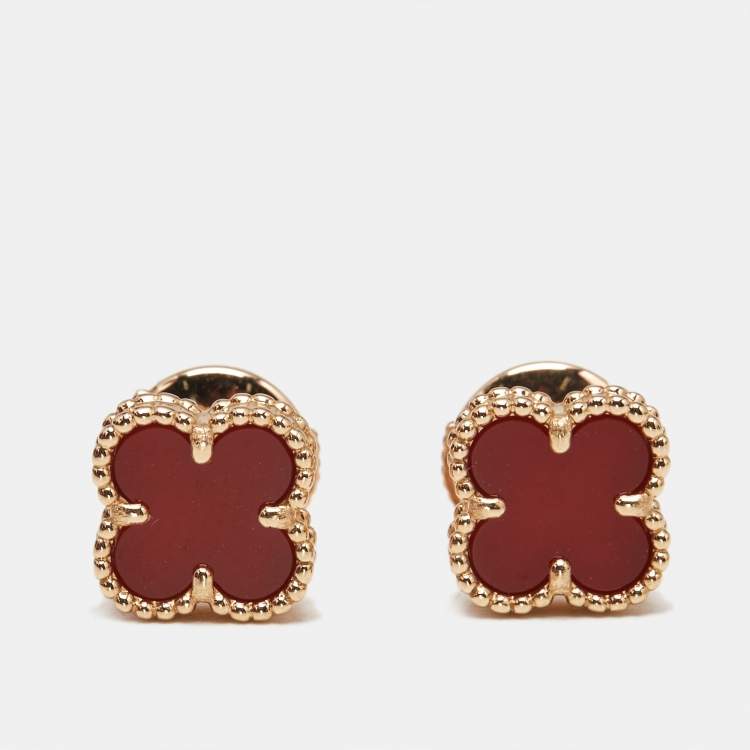 Pre Owned Van Cleef & Arpels Sweet Alhambra Carnelian 18k Rose Gold Stud Earrings