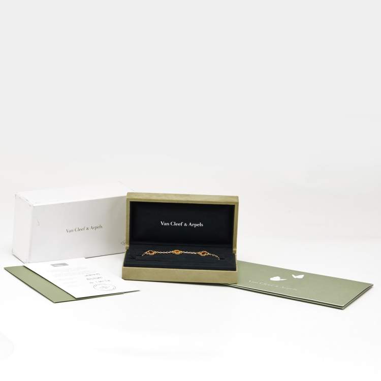 Pre Owned Van Cleef & Arpels Vintage Alhambra Tiger's Eye 18k Yellow Gold 5 Motif Station Bracelet