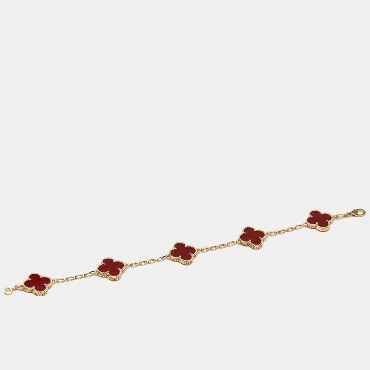 Pre Owned Van Cleef & Arpels Vintage Alhambra Carnelian 18k Yellow Gold 5 Motif Station Bracelet