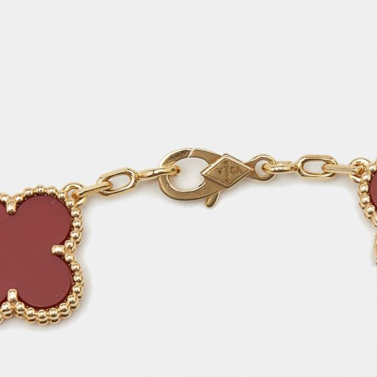 Pre Owned Van Cleef & Arpels Vintage Alhambra Carnelian 18k Yellow Gold 5 Motif Station Bracelet