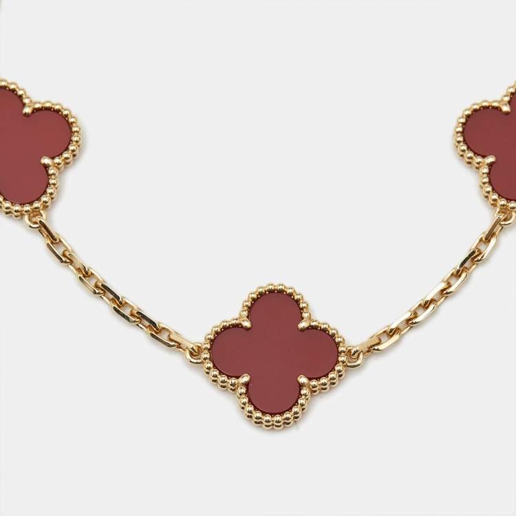 Pre Owned Van Cleef & Arpels Vintage Alhambra Carnelian 18k Yellow Gold 5 Motif Station Bracelet