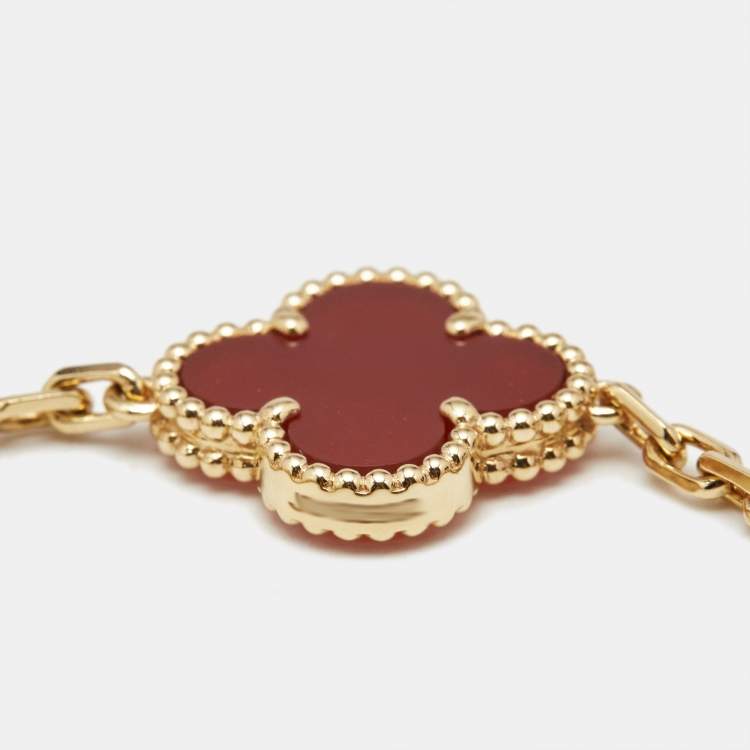 Pre Owned Van Cleef & Arpels Vintage Alhambra Carnelian 18k Yellow Gold 5 Motif Station Bracelet