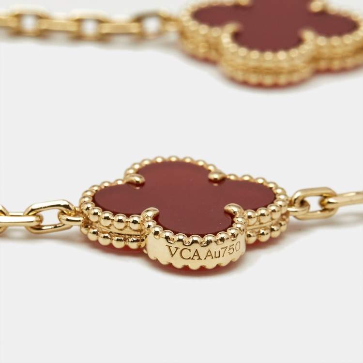 Pre Owned Van Cleef & Arpels Vintage Alhambra Carnelian 18k Yellow Gold 5 Motif Station Bracelet