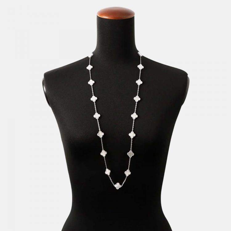 Pre Owned Van Cleef & Arpels Vintage Alhambra 18K White Gold Long 20 Motif Necklace
