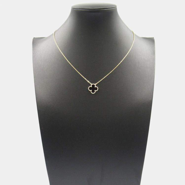 Pre Owned Van Cleef & Arpels Vintage Alhambra 18K Yellow Gold Onyx Necklace 