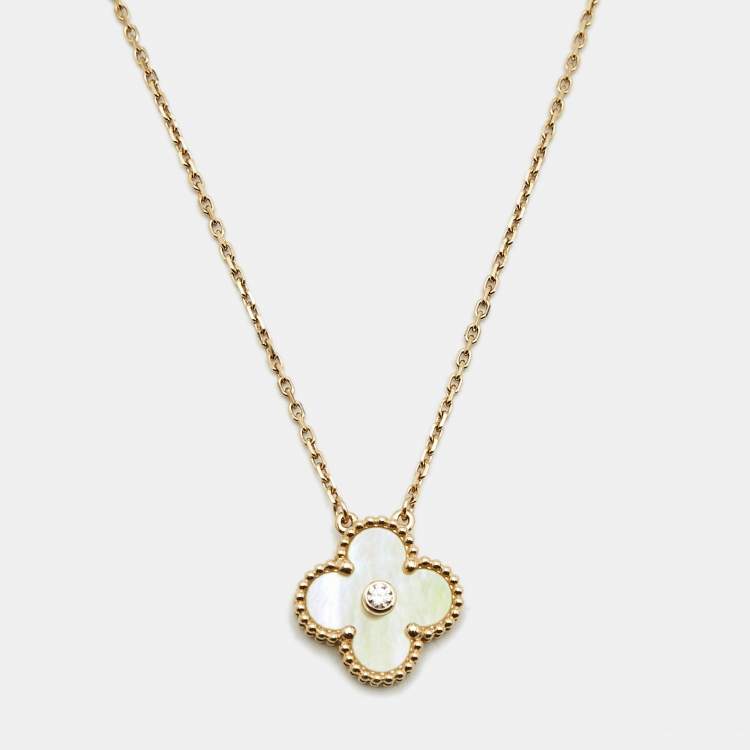 Pre Owned Van Cleef & Arpels Vintage Alhambra Yellow Mother of Pearl Diamond 18k Yellow Gold 2018 Holiday Necklace