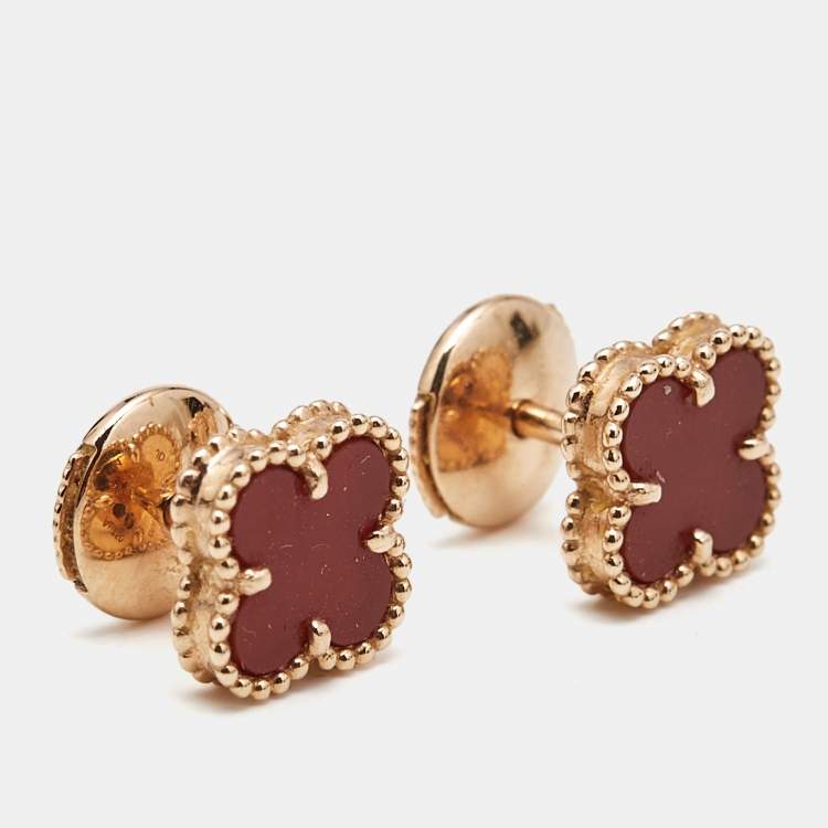 Pre Owned Van Cleef & Arpels Sweet Alhambra Carnelian 18k Rose Gold Stud Earrings