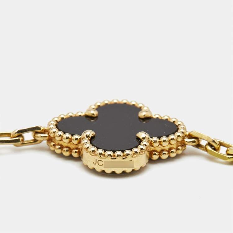 Pre Owned Van Cleef & Arpels Vintage Alhambra Onyx 18k Yellow Gold 5 Motif Station Bracelet