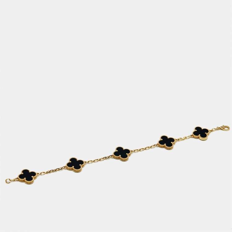 Pre Owned Van Cleef & Arpels Vintage Alhambra Onyx 18k Yellow Gold 5 Motif Station Bracelet
