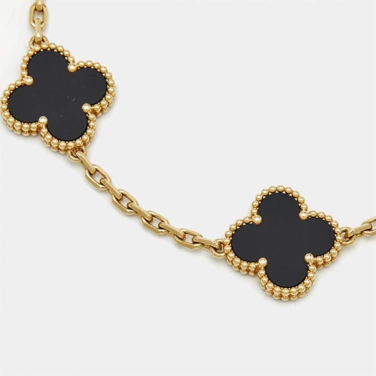 Pre Owned Van Cleef & Arpels Vintage Alhambra Onyx 18k Yellow Gold 5 Motif Station Bracelet