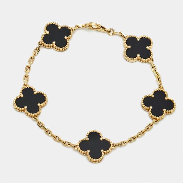 Pre Owned Van Cleef & Arpels Vintage Alhambra Onyx 18k Yellow Gold 5 Motif Station Bracelet