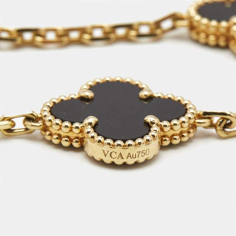 Pre Owned Van Cleef & Arpels Vintage Alhambra Onyx 18k Yellow Gold 5 Motif Station Bracelet
