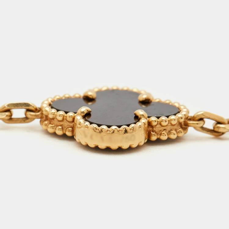 Pre Owned Van Cleef & Arpels Vintage Alhambra Onyx 18k Yellow Gold 5 Motif Station Bracelet