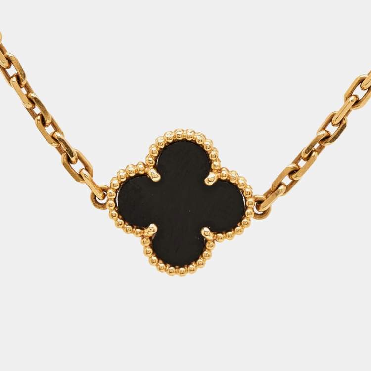 Pre Owned Van Cleef & Arpels Vintage Alhambra Onyx 18k Yellow Gold 5 Motif Station Bracelet