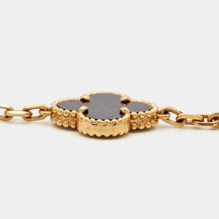 Pre Owned Van Cleef & Arpels Vintage Alhambra Onyx 18k Yellow Gold 5 Motif Station Bracelet