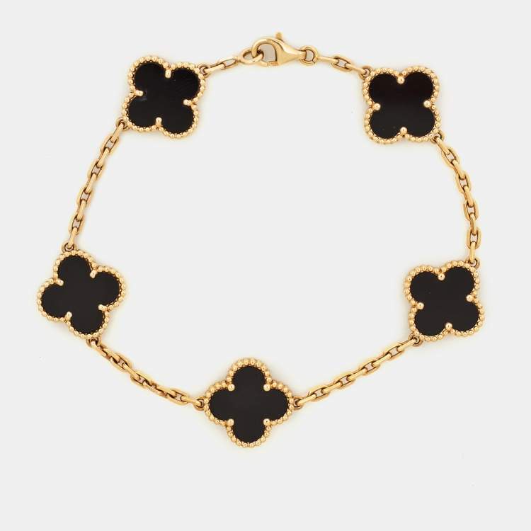 Pre Owned Van Cleef & Arpels Vintage Alhambra Onyx 18k Yellow Gold 5 Motif Station Bracelet