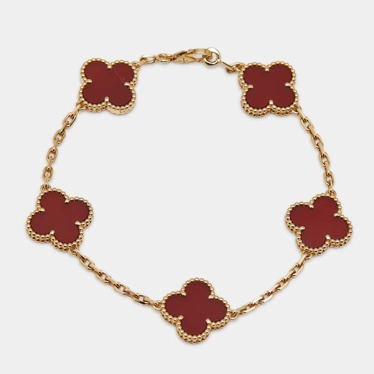 Pre Owned Van Cleef & Arpels Vintage Alhambra Carnelian 18k Yellow Gold 5 Motif Station Bracelet