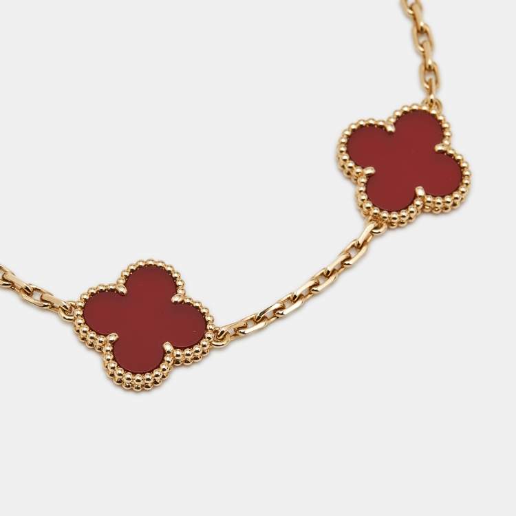Pre Owned Van Cleef & Arpels Vintage Alhambra Carnelian 18k Yellow Gold 5 Motif Station Bracelet