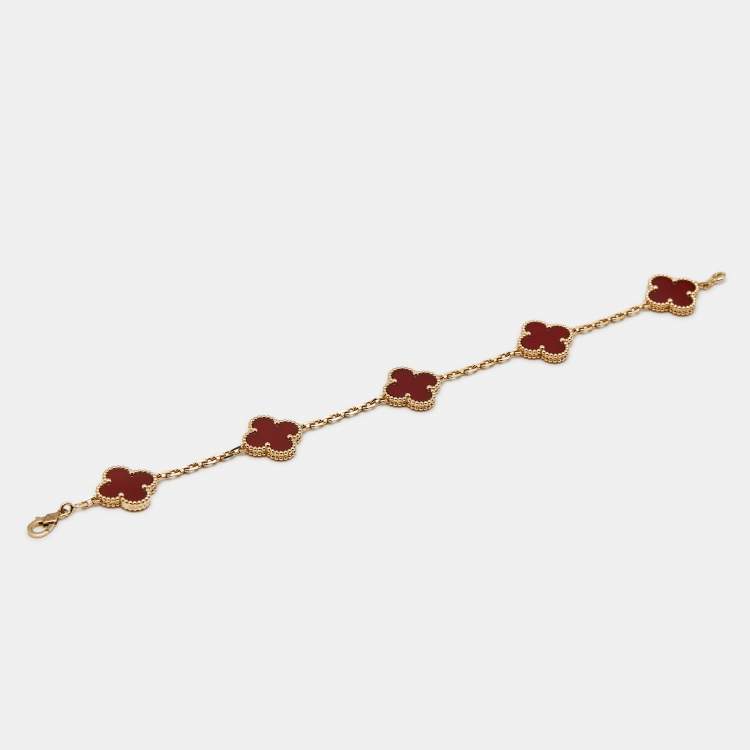 Pre Owned Van Cleef & Arpels Vintage Alhambra Carnelian 18k Yellow Gold 5 Motif Station Bracelet