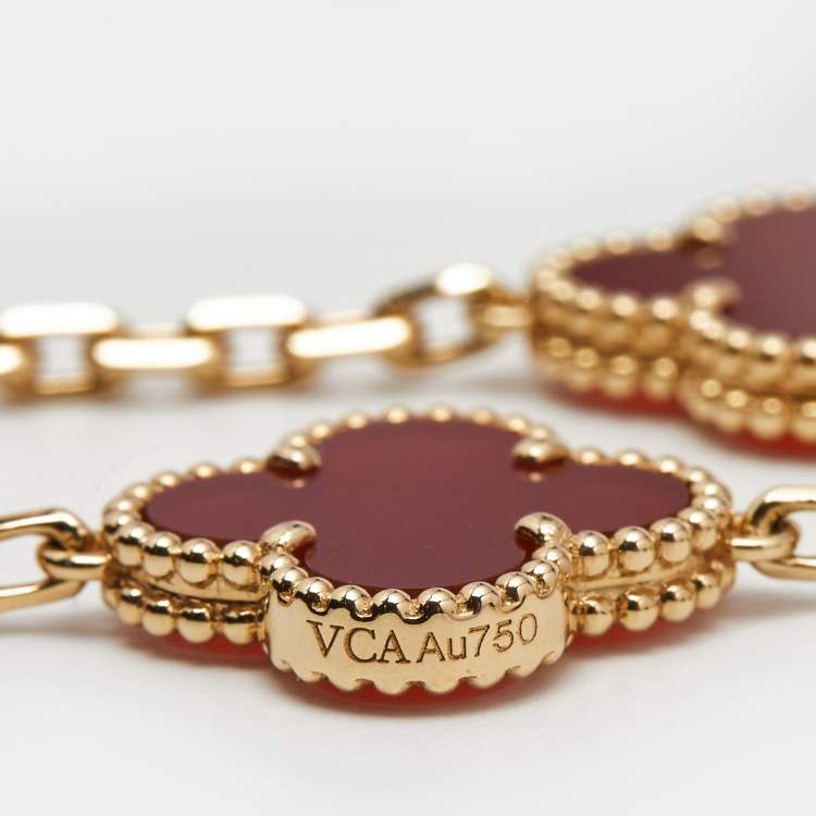 Pre Owned Van Cleef & Arpels Vintage Alhambra Carnelian 18k Yellow Gold 5 Motif Station Bracelet